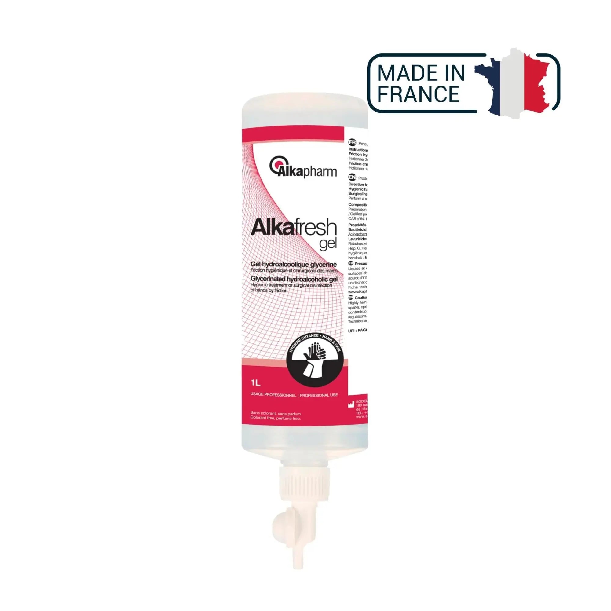 Alkafresh - Gel hydroalcoolique glycériné pour la désinfection des mains - Flacon airless - 1 L - Alkapharm