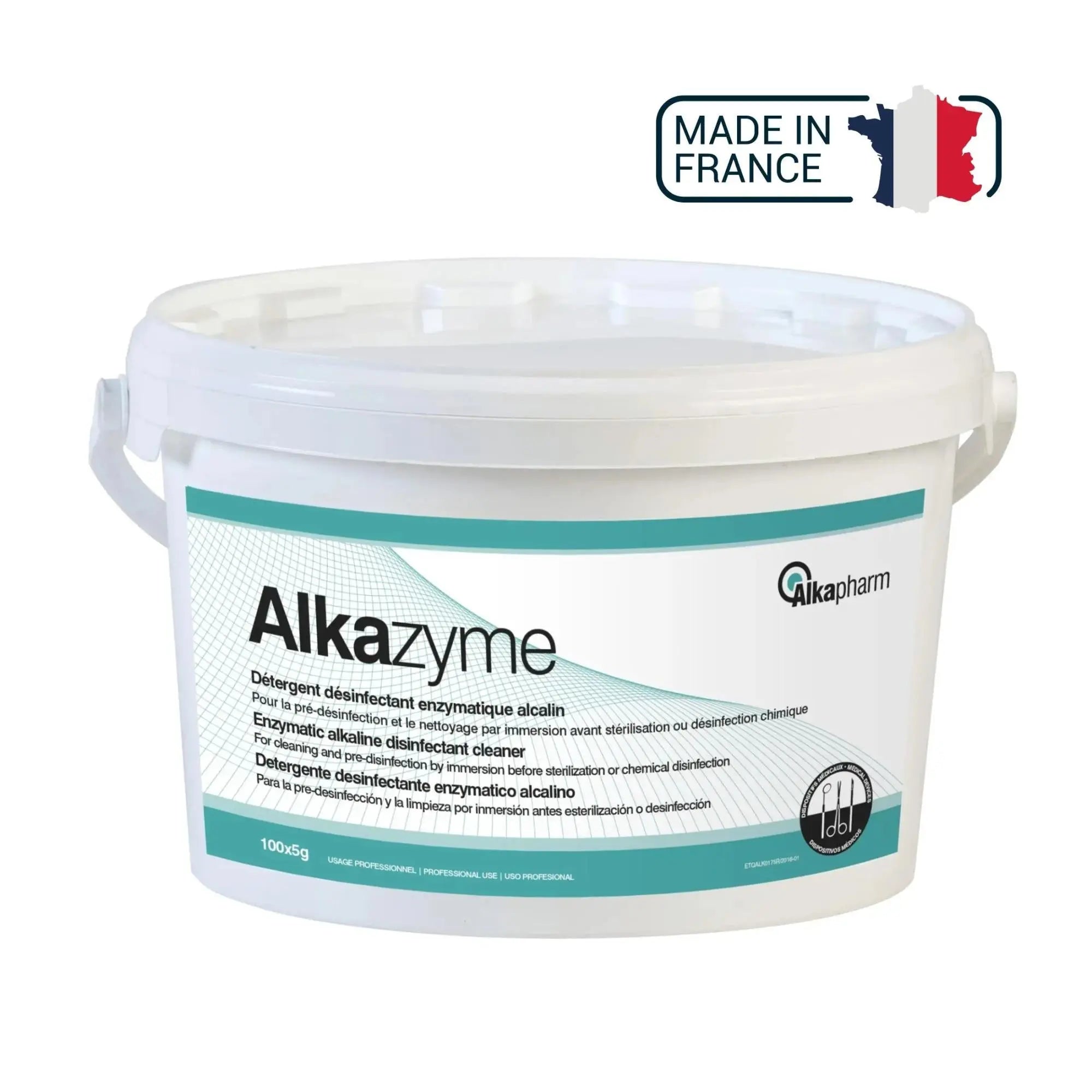 Alkazyme - Detergente desinfectante enzimático alcalino - Cubo - 100 x 5 g - Alkapharm